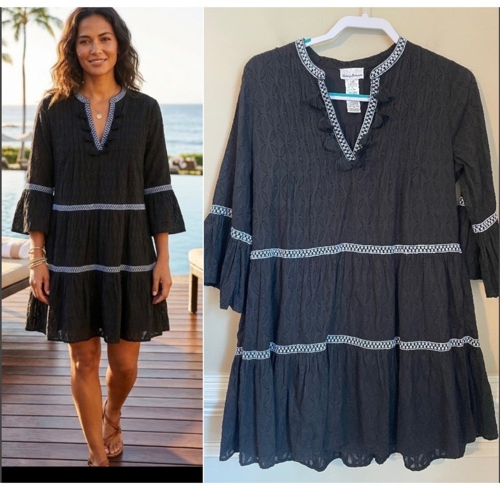 Tommy Bahama Size S Black Blue Embroidered Tiered Tassel Neck A-Line Mini Dress